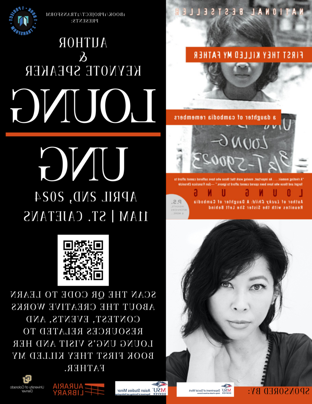 Black and red flyer for Loung Ung's upcoming author visit April 2, 2025 at 11am a St. Cajetan's